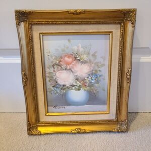 Vtg Floral Bouquet‎ original oil painting still life signed Gold Frame 12.5 x 15